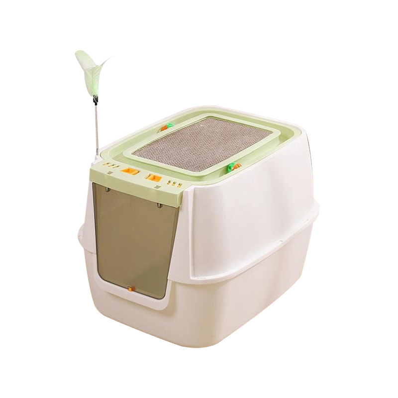 Flip-Top Lid Fully Enclosed Cat Litter Box With Teaser Wand And Rolling Ball